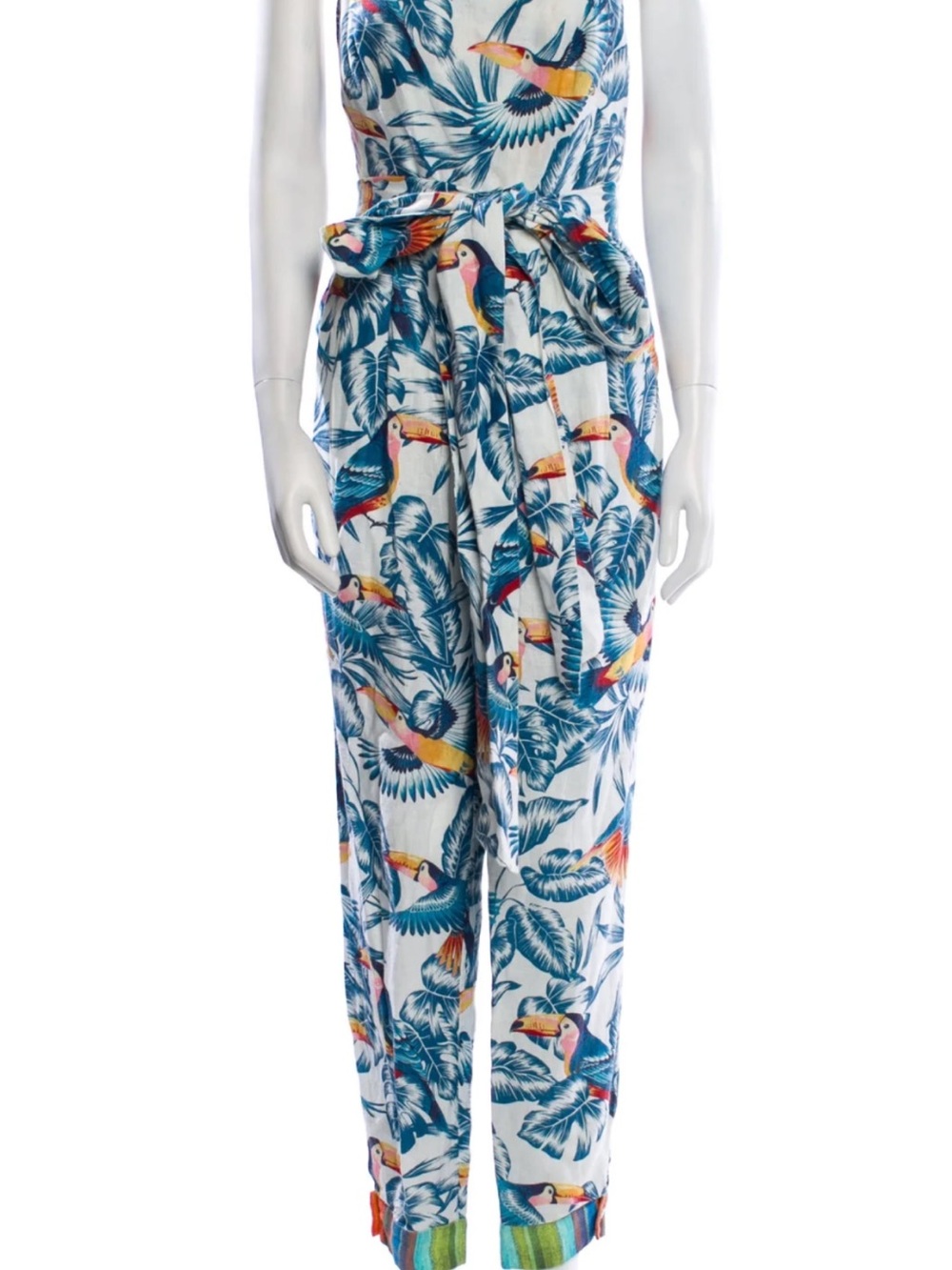 FARM Rio White Jumpsuit with Blue Tropical Toucan Print